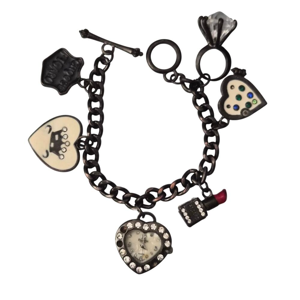 Vintage Figaro Couture Gunmetal Charm Bracelet Heart Watch Coquette Goth